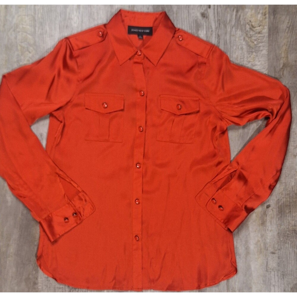 Jones New York Women S Orange Satin Button Up Blouse Long Sleeve Shacket Top NEW